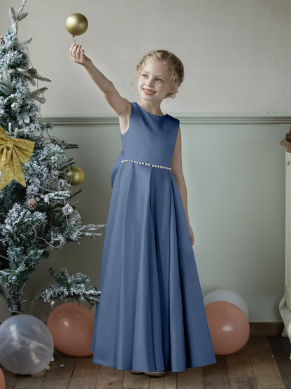 Vestidos Floridos de Cetim com Gola Redonda e Pérolas e Laço