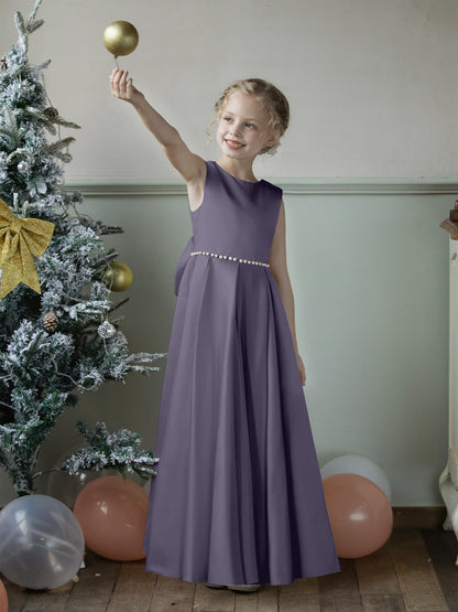 Vestidos Floridos de Cetim com Gola Redonda e Pérolas e Laço