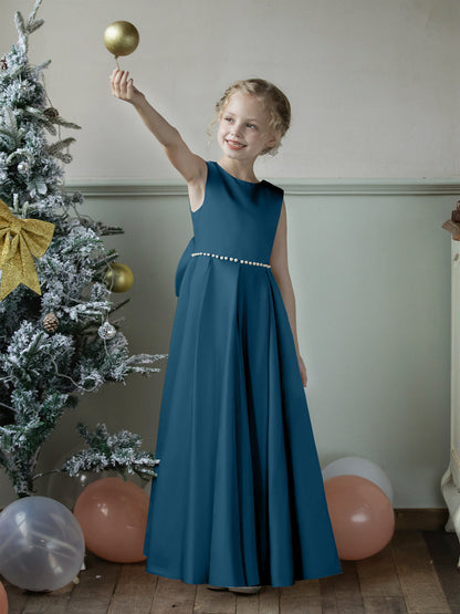 Vestidos Floridos de Cetim com Gola Redonda e Pérolas e Laço
