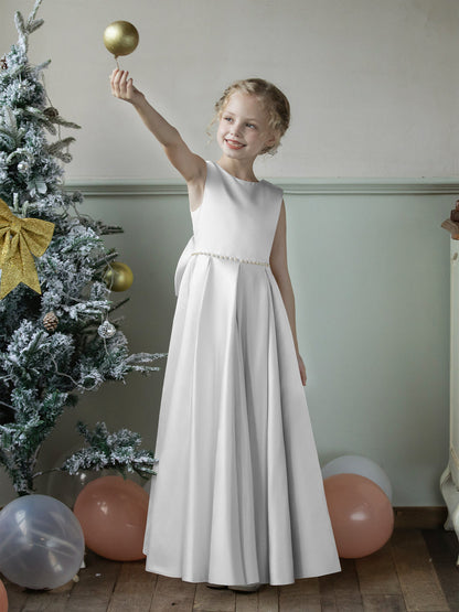 Vestidos Floridos de Cetim com Gola Redonda e Pérolas e Laço