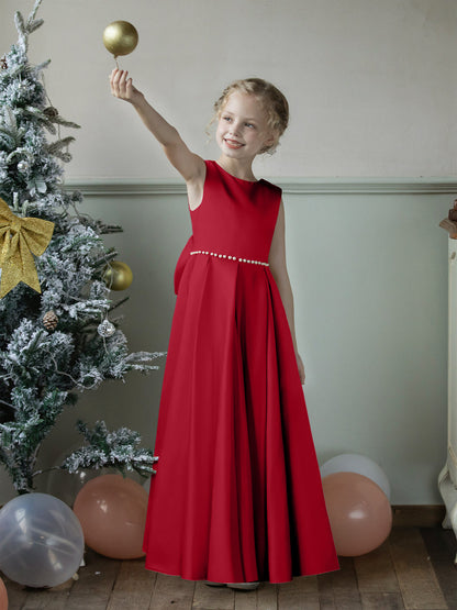 Vestidos Floridos de Cetim com Gola Redonda e Pérolas e Laço