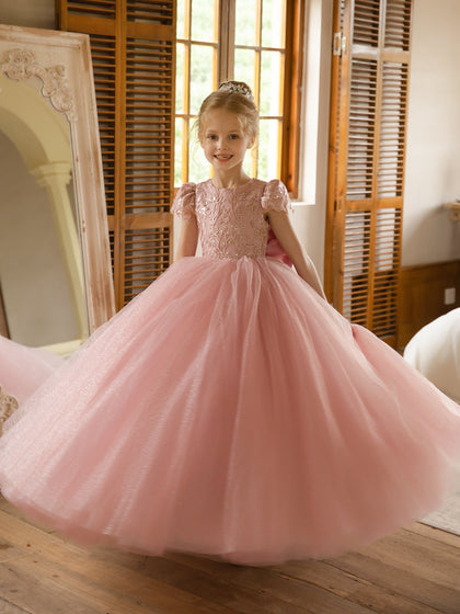 Vestidos Florais de Tule com Gola Redonda e Apliques e Laço de Cetim