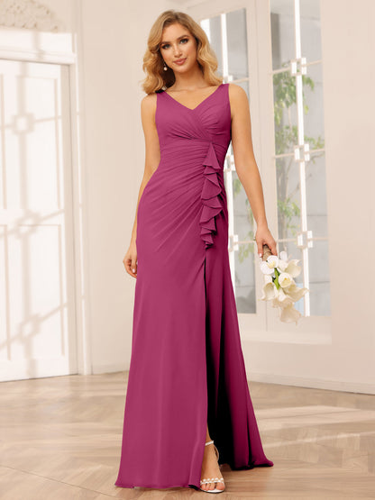 Vestidos Longos de Dama de Honra com Bainha/Coluna e Decote Em V com Lado Dividido