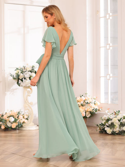 Vestidos Longos de Festa de Casamento com Decote Em V A-Line/Princesa com Divisão Lateral e Faixa