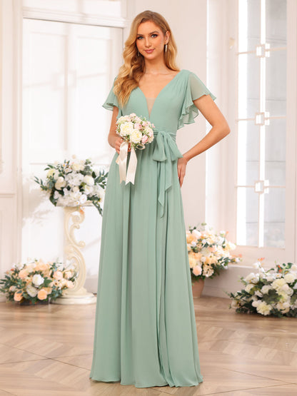 Vestidos Longos de Festa de Casamento com Decote Em V A-Line/Princesa com Divisão Lateral e Faixa