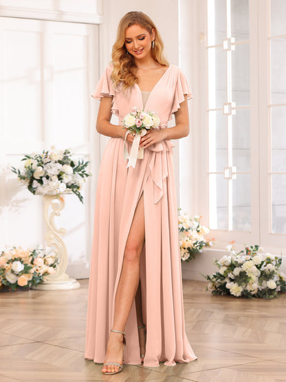 Vestidos Longos de Festa de Casamento com Decote Em V A-Line/Princesa com Divisão Lateral e Faixa