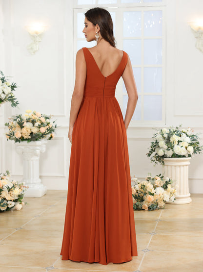 Vestidos Longos para Festa de Casamento com Decote em V e Fenda Lateral em Estilo A-Line/Princesa