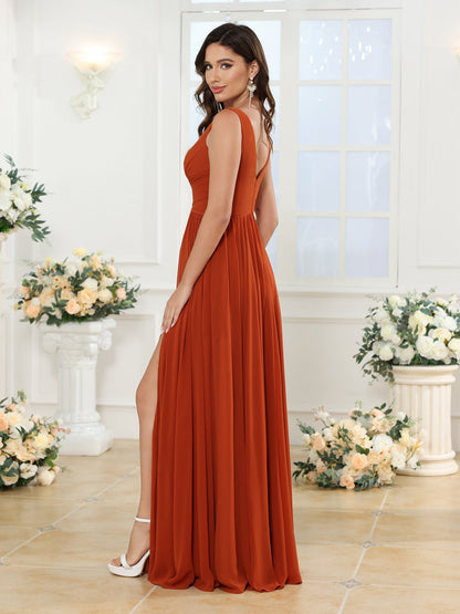 Vestidos Longos para Festa de Casamento com Decote em V e Fenda Lateral com Bolsos em Estilo A-Line/Princesa