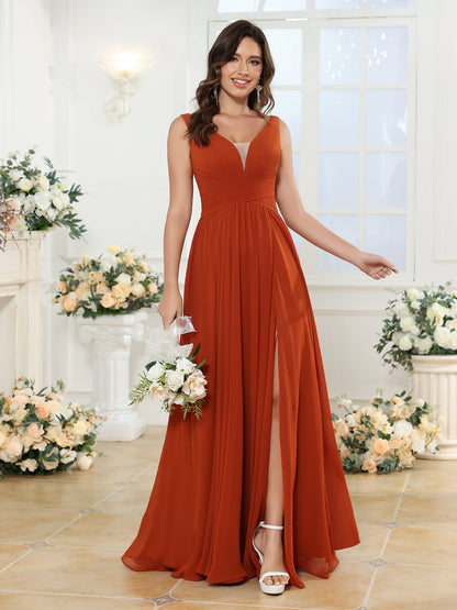 Vestidos Longos para Festa de Casamento com Decote em V e Fenda Lateral com Bolsos em Estilo A-Line/Princesa