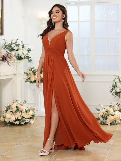 Vestidos Longos para Festa de Casamento com Decote em V e Fenda Lateral com Bolsos em Estilo A-Line/Princesa