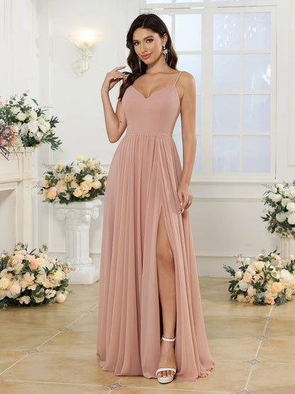 Vestidos Longos para Festa de Casamento com Alças Finas e Fenda Lateral em Estilo A-Line/Princesa