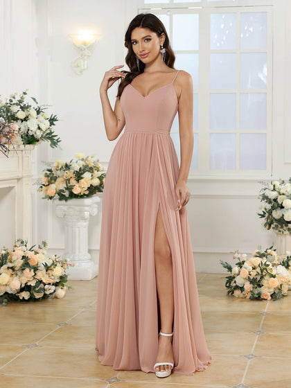 Vestidos Longos para Festa de Casamento com Alças Finas e Fenda Lateral em Estilo A-Line/Princesa