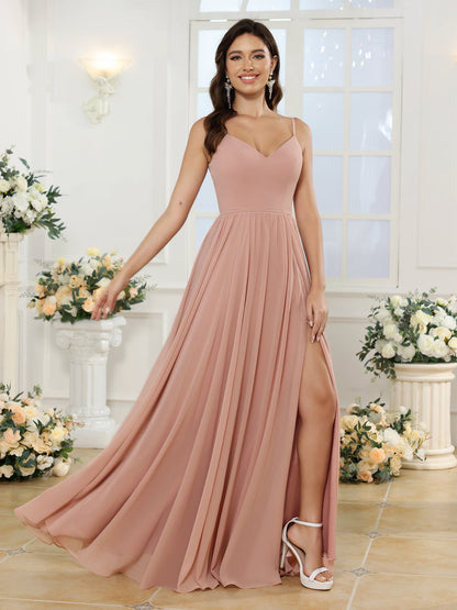 Vestidos Longos para Festa de Casamento com Alças Finas e Fenda Lateral em Estilo A-Line/Princesa