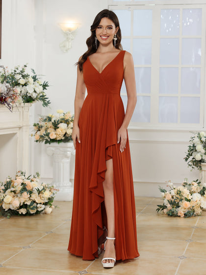 Vestidos Longos para Festa de Casamento com Decote em V e Fenda Lateral em Estilo A-Line/Princesa