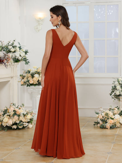 Vestidos Longos para Festa de Casamento com Decote em V e Fenda Lateral em Estilo A-Line/Princesa