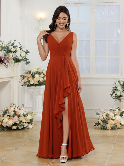 Vestidos Longos para Festa de Casamento com Decote em V e Fenda Lateral em Estilo A-Line/Princesa