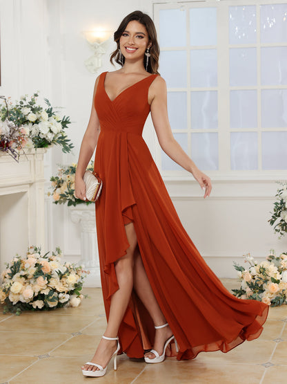 Vestidos Longos para Festa de Casamento com Decote em V e Fenda Lateral em Estilo A-Line/Princesa
