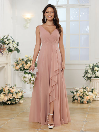 Vestidos Longos para Festa de Casamento com Decote em V e Fenda Lateral em Estilo A-Line/Princesa