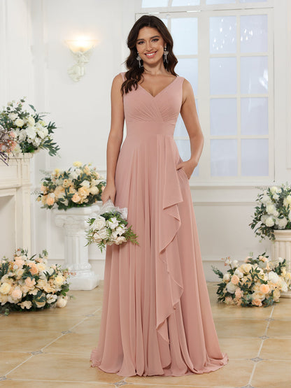 Vestidos Longos para Festa de Casamento com Decote em V e Fenda Lateral com Bolsos em Estilo A-Line/Princesa