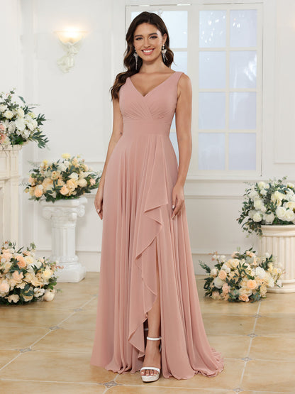 Vestidos Longos para Festa de Casamento com Decote em V e Fenda Lateral com Bolsos em Estilo A-Line/Princesa