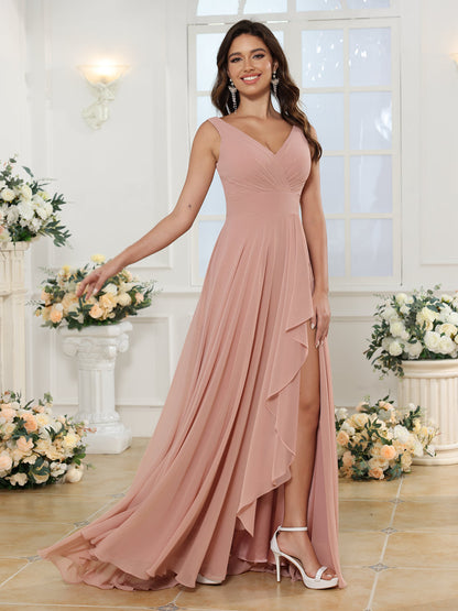 Vestidos Longos para Festa de Casamento com Decote em V e Fenda Lateral com Bolsos em Estilo A-Line/Princesa