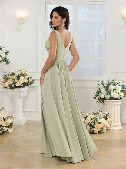 Vestidos Longos para Festa de Casamento com Decote em V e Fenda Lateral com Bolsos em Estilo A-Line/Princesa