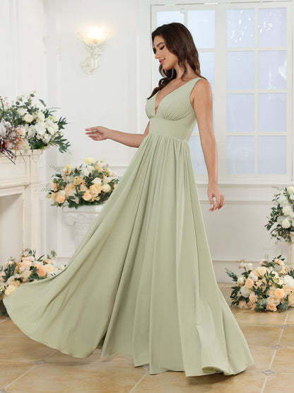 Vestidos Longos para Festa de Casamento com Decote em V e Fenda Lateral com Bolsos em Estilo A-Line/Princesa