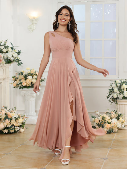 Vestidos Longos para Festa de Casamento de Um Ombro Só com Fenda Lateral em Estilo A-Line/Princesa