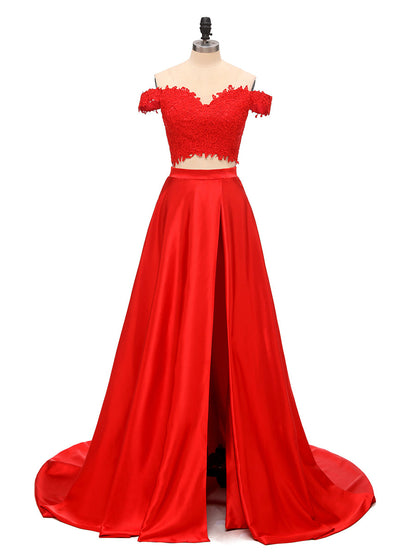 Vestidos Princesa/ Formato A Decote Redondo Em Cetim com Apliques Até O Chão Em Duas Peças Vestidos de Dama de Honra