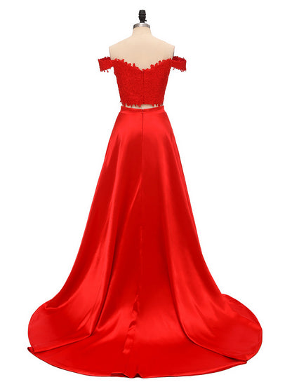 Vestidos Princesa/ Formato A Decote Redondo Em Cetim com Apliques Até O Chão Em Duas Peças Vestidos de Dama de Honra