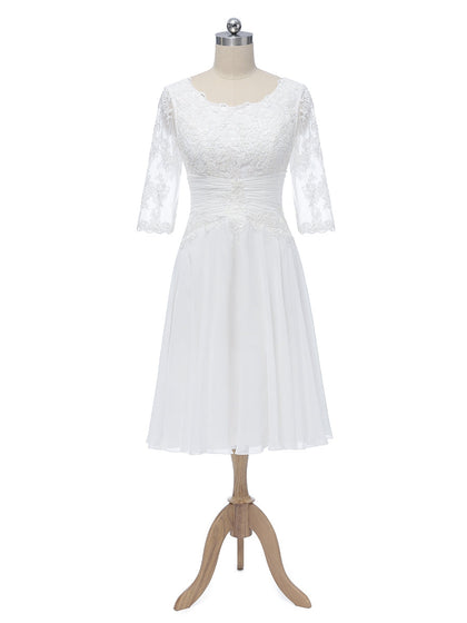Princesa/Formato A Decote Em V Meia Manga Chiffon com Pregas Apliques Vestidos de Noiva Curtos