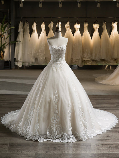 Sem Alças Sem Mangas Apliques de Tule com Miçangas Vestido de Baile Vestido de Noiva