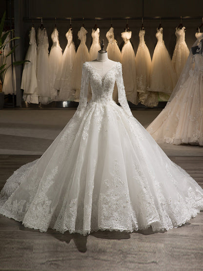 Scoop Mangas Compridas Tule Apliques com Miçangas Capela Trem Vestido de Baile Vestidos de Casamento