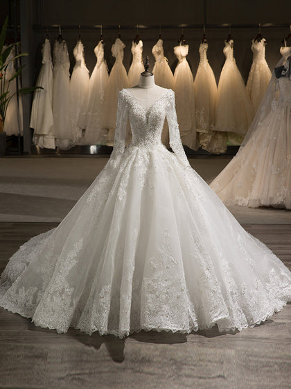 Scoop Mangas Compridas Tule Apliques com Miçangas Capela Trem Vestido de Baile Vestidos de Casamento