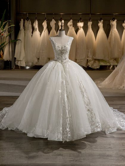 Scoop Mangas Tule Bordado com Miçangas Tribunal Trem Vestido de Baile Vestidos de Casamento