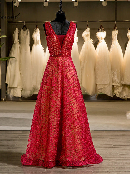 Vestidos de Noiva Linha A/Princesa com Decote Em V Sem Mangas Strass Sem Costas Vermelho Até O Chão