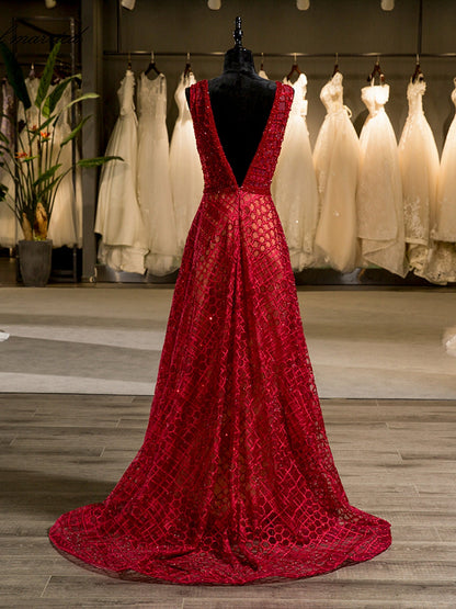 Vestidos de Noiva Linha A/Princesa com Decote Em V Sem Mangas Strass Sem Costas Vermelho Até O Chão