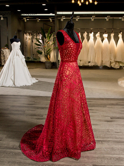 Vestidos de Noiva Linha A/Princesa com Decote Em V Sem Mangas Strass Sem Costas Vermelho Até O Chão