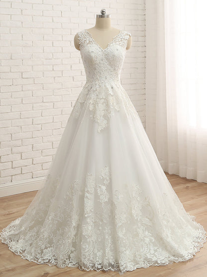 Princesa/Formato A Decote Em V Sem Mangas Apliques de Tule Até Ao Chão Vestidos de Noiva