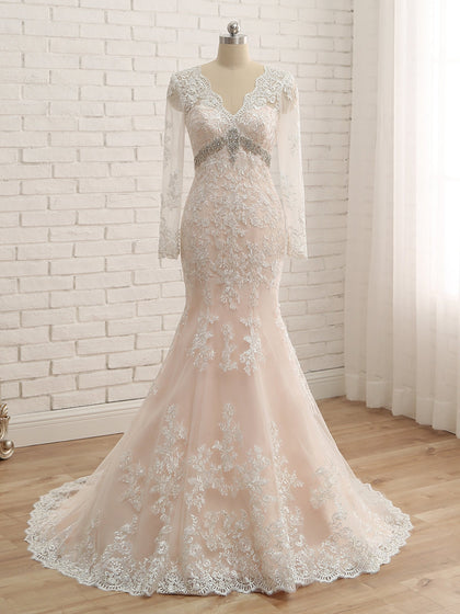 Trompete/Sereia com Decote Em V Mangas Compridas Apliques e Vestidos de Noiva de Tule com Strass Até O Chão