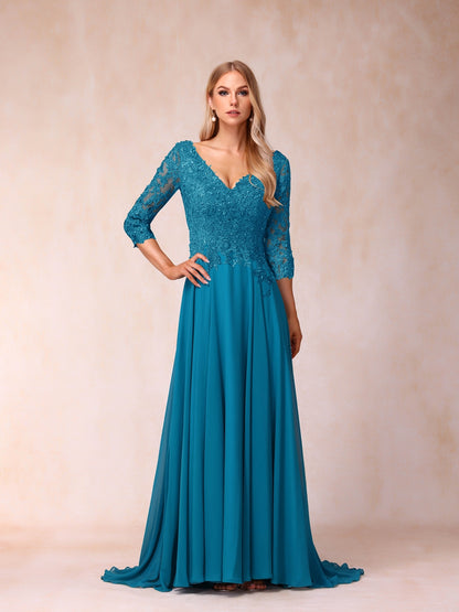 Corte A/Princesa com Decote Em V Mangas 3/4 Vestidos de Noite Formais Longos com Lantejoulas