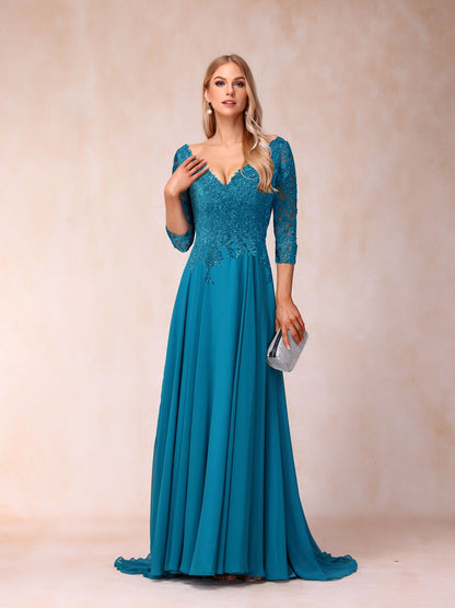Corte A/Princesa com Decote Em V Mangas 3/4 Vestidos de Noite Formais Longos com Lantejoulas