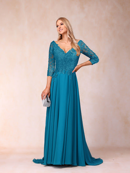 Corte A/Princesa com Decote Em V Mangas 3/4 Vestidos de Noite Formais Longos com Lantejoulas