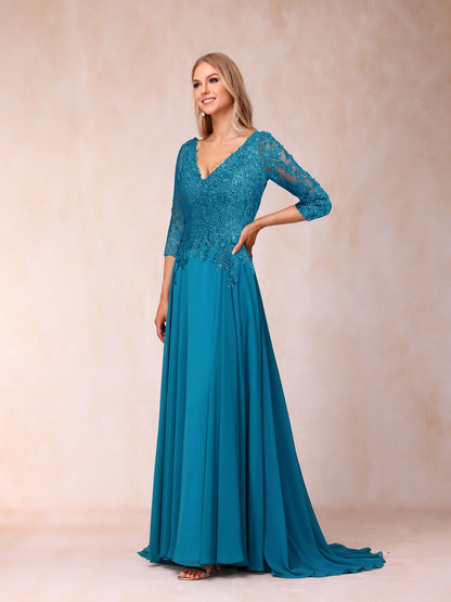 Corte A/Princesa com Decote Em V Mangas 3/4 Vestidos de Noite Formais Longos com Lantejoulas