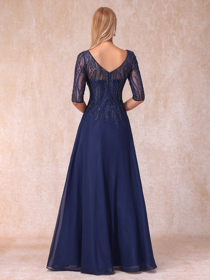 Vestidos de Noite Formais Longos com Decote Em V Meia Manga Linha A/Princesa com Miçangas