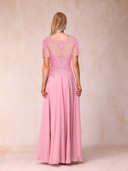 A-Line/Princesa Sheer Neck Mangas Curtas Longos Vestidos de Noite Formais com Lantejoulas e Apliques