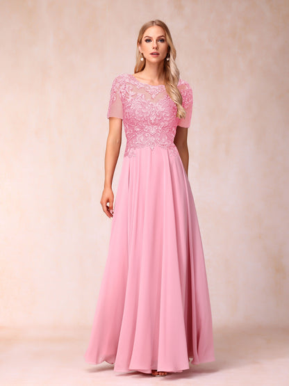 A-Line/Princesa Sheer Neck Mangas Curtas Longos Vestidos de Noite Formais com Lantejoulas e Apliques