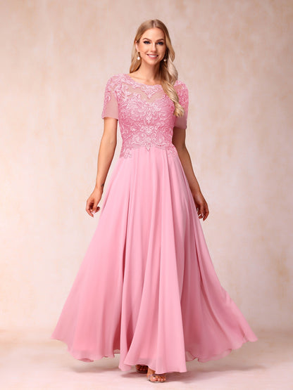 A-Line/Princesa Sheer Neck Mangas Curtas Longos Vestidos de Noite Formais com Lantejoulas e Apliques