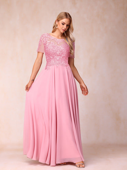 A-Line/Princesa Sheer Neck Mangas Curtas Longos Vestidos de Noite Formais com Lantejoulas e Apliques