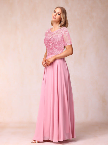 A-Line/Princesa Sheer Neck Mangas Curtas Longos Vestidos de Noite Formais com Lantejoulas e Apliques